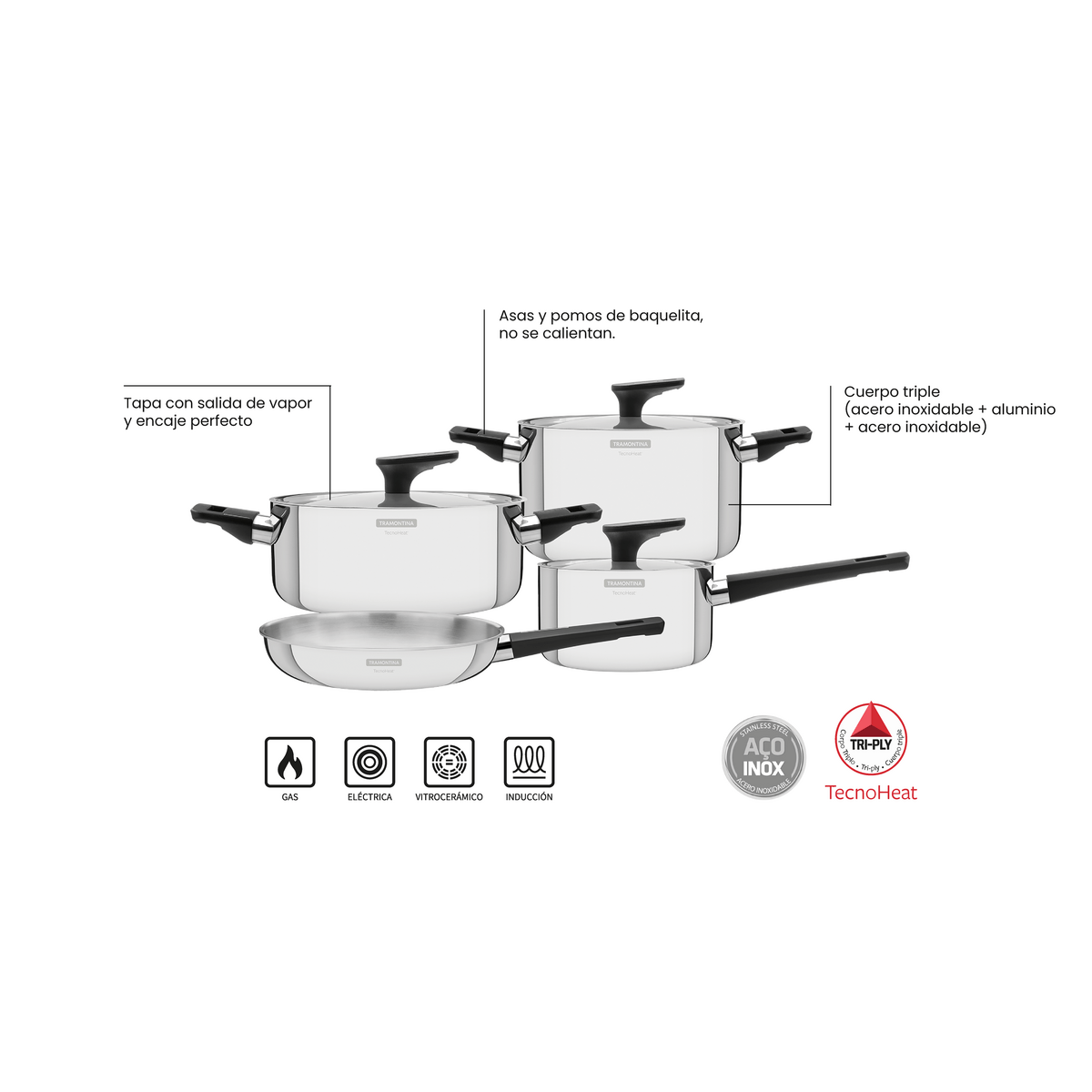 Juego de Ollas Tramontina Solar Baquelita de acero inoxidable fondo triple  con mangos y asas de baquelita 11 piezas - Tramontina Store